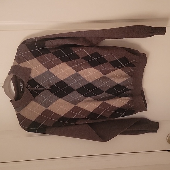 Brandini, Size L 100% Pure New Wool 3 Button with Collar Argyle Sweater, EUC - Picture 1 of 7